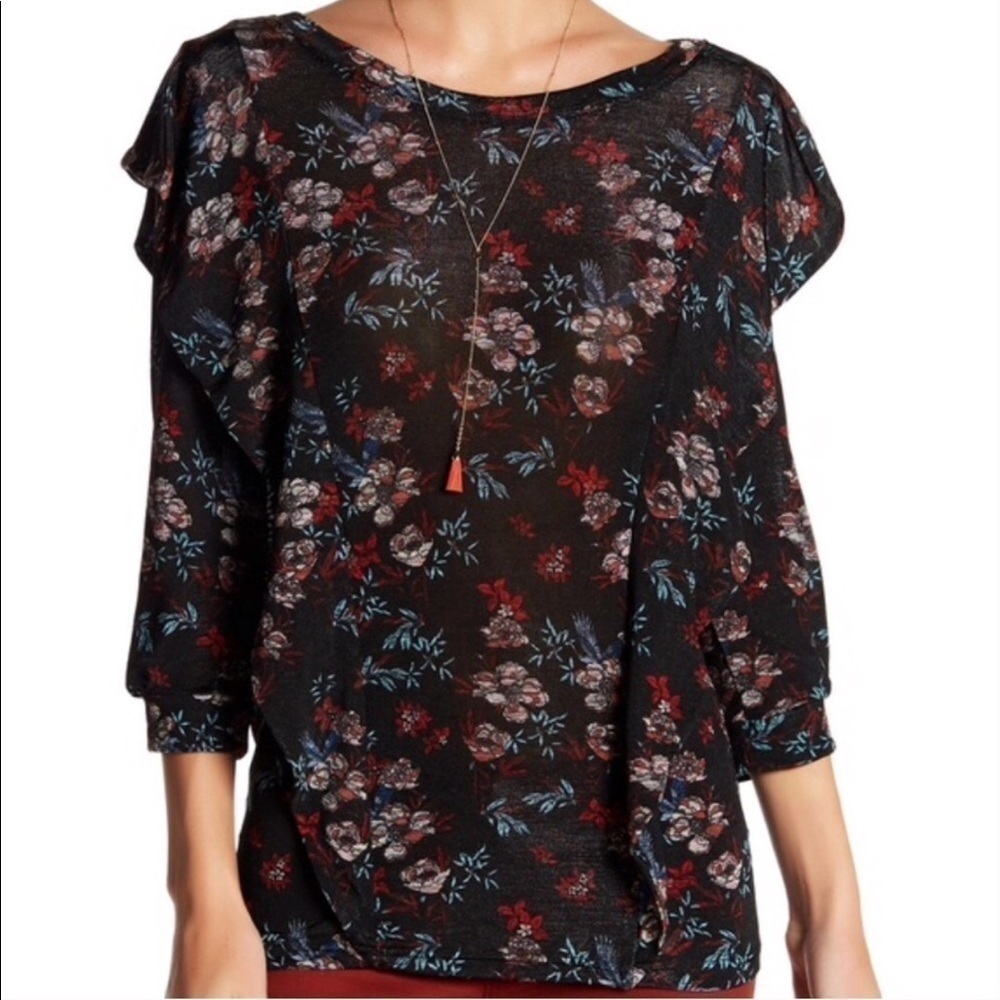 Free People Dock Street Black Floral Ruffle Shirt